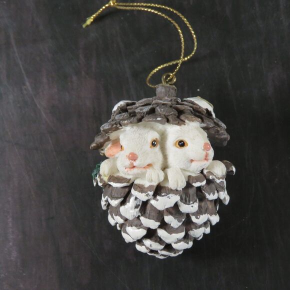 Vintage Woodland Pinecone Ornament Raccoon and Rabbit Bunny Babies Lot of 2 - Picture 2 of 9